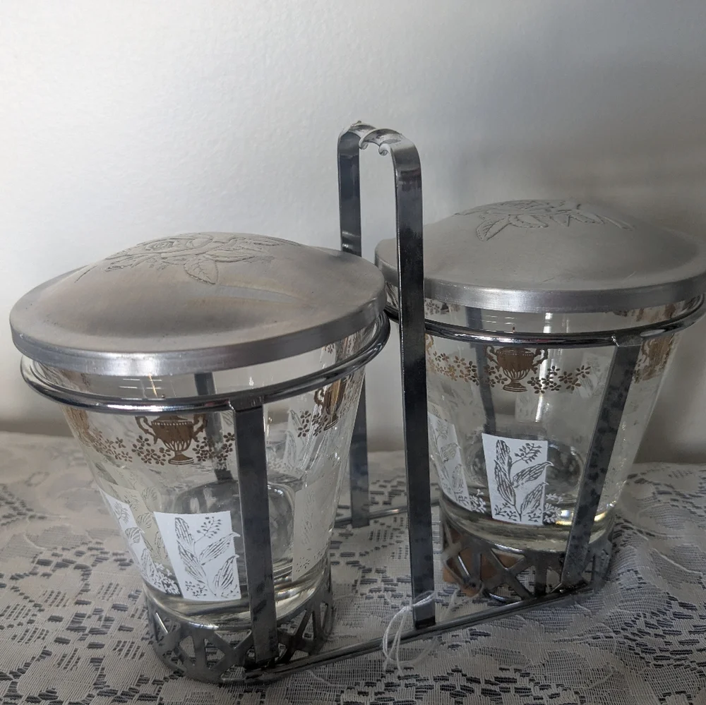 Vintage Libbey Glass Condiment Caddy – 1950s Gold & White Urn Motif Jars - Picture 4 of 5
